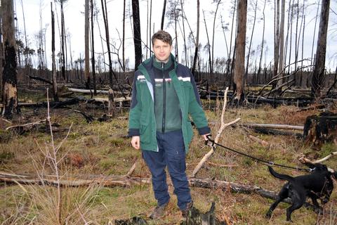 Sebastian Vocilka, Leiter des Forstamts Dieburg, steht dort, wo 2019 der Wald gebrannt und die Natur sich bereits etwas erholt hat. Im Hintergrund das aktuelle Waldbrandgebiet von 2022.