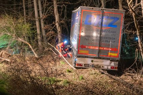 Ein Laster ist von der A67 bei Gernsheim abgekommen und in einen Wald gefahren. Foto: 5vision.media