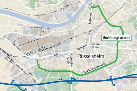 Bis Ende 2021 soll der Durchfahrtsverkehr über den Kurt-Schumacher-Ring, Evreuxring, Lucas-Cranach-Straße und Waldweg (grüne Linie) umgeleitet werden. Grafik: VRM/Lohr