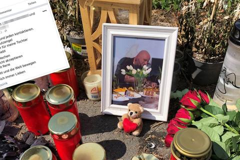 Kerzen und ein Bild des Toten am Fundort der Leiche. Links der Facebook-Post einer Freundin. Foto: Hecker / Screenshot: VRM