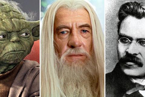Drei alte, teils weiße und definitiv weise Männer: Yoda (Star Wars), Gandalf (Herr der Ringe) und Philosoph Friedrich Nietzsche. Fotos: dpa