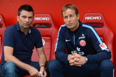 05-Manager Christian Heidel (links) und 05-Trainer Kaspar Hjulmand. Foto: dpa