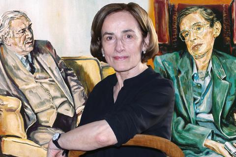 Ursula Wieland mit ihren Gemälden von Sir Peter Ustinov (links) und Stephen Hawking. Fotos: U. Wieland/ D. Noack/ Collage: vrm