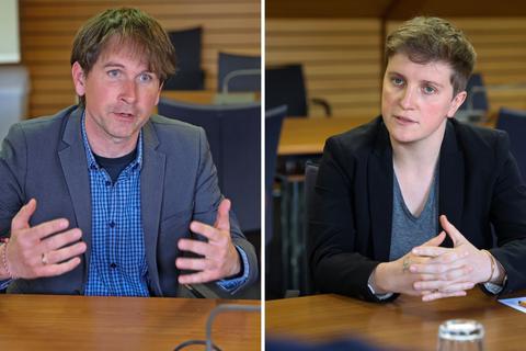 Jan Schalauske und Elisabeth Kula bilden seit Oktober 2021 die Fraktionsdoppelspitze im hessischen Landtag. Fotos: René Vigneron