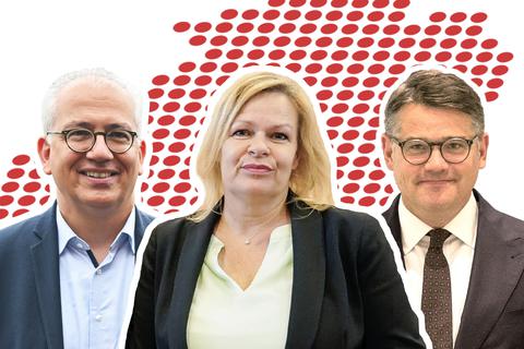 Vor der Landtagswahl: Beim VRM-Live-Talk am 1. September sind die drei hessischen Spitzenkandidaten Tarek Al-Wazir (links), Nancy Faeser und Boris Rhein zu Gast.