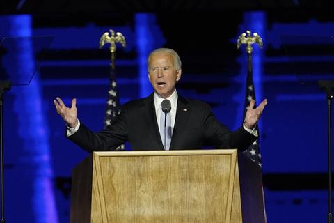 Der künftige Präsident der USA, Joe Biden, bei seiner Siegesrede in Wilmington, Delaware. Foto: Andrew Harnik/AP/dpa
