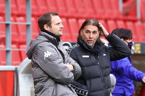 Machen sich Gedanken über die Kaderplanungen: FSV-Trainer Bo Svensson (l.) und -Sportdirektor Martin Schmidt. Foto: imago/Petzsche