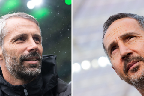 Marco Rose (Trainer Mönchengladbach) und Adi Hütter (Trainer Eintracht) kommentieren die Leistung ihrer Mannschaften. Foto:  Foto: Marius Becker / Rolf Vennenbernd